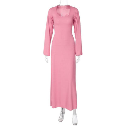 Long sleeve u neck ribbed solid maxi dress  | Festival Outfits Women