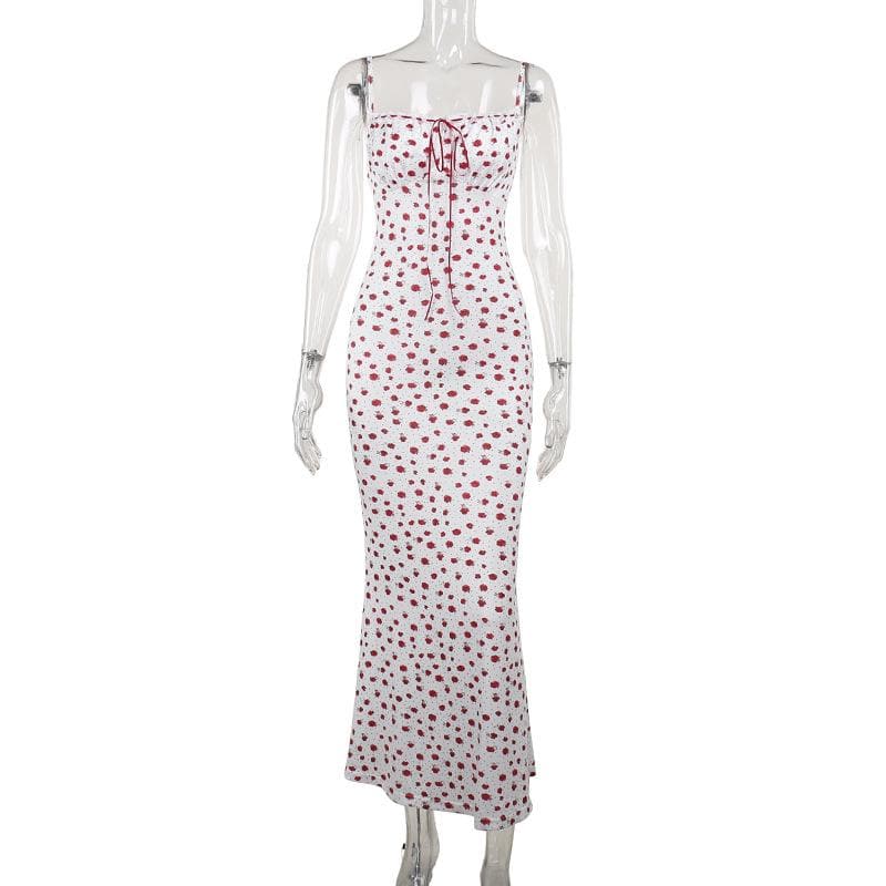 Bowknot ribbon stitch flower print polka dot cami maxi dress  | Festival Outfits Women