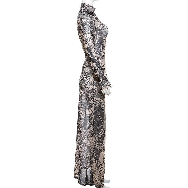Sheer mesh see through abstract long sleeve high neck maxi dress