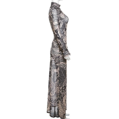 Sheer mesh see through abstract long sleeve high neck maxi dress