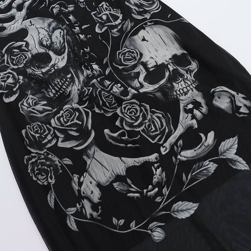 U neck skull print mesh backless cami maxi dress  | Festival Outfits Women