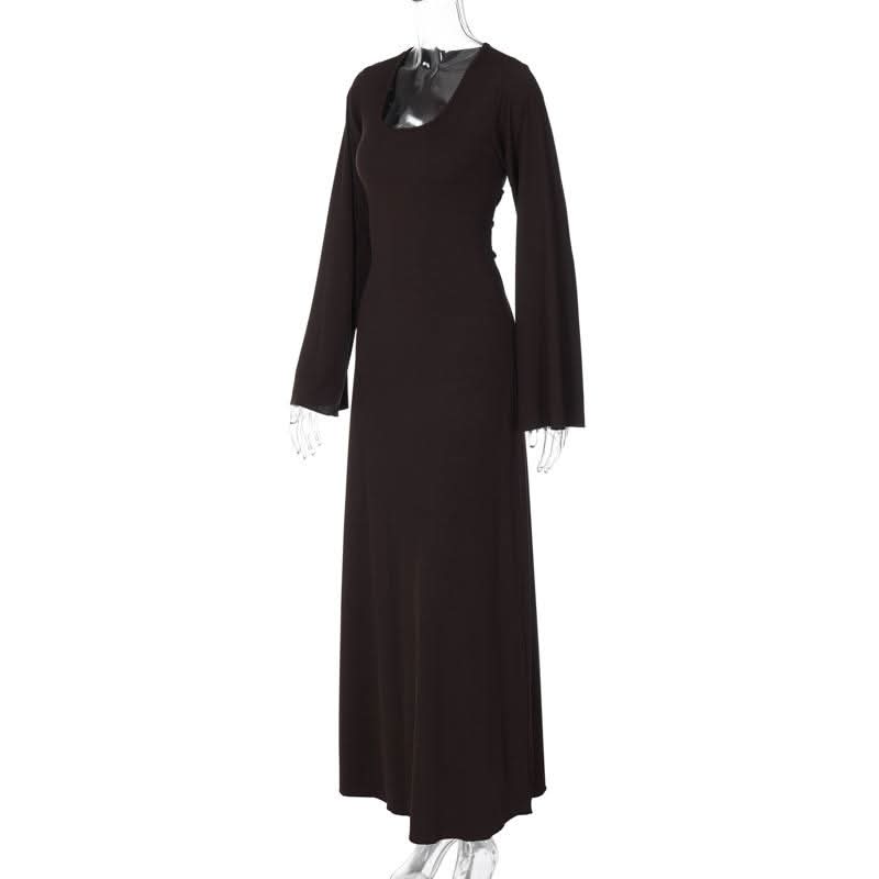 Long sleeve u neck ribbed solid maxi dress  | Festival Outfits Women