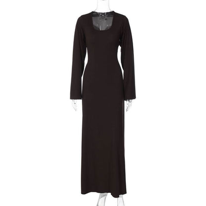 Long sleeve u neck ribbed solid maxi dress  | Festival Outfits Women