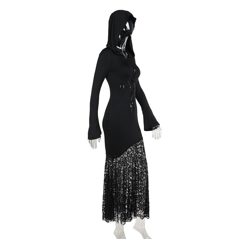 Long sleeve hoodie lace hem cross pattern maxi dress  | Festival Outfits Women
