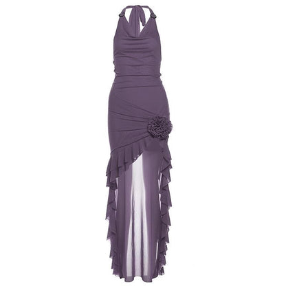 Halter cowl neck flower applique ruffle maxi dress  | Festival Outfits Women
