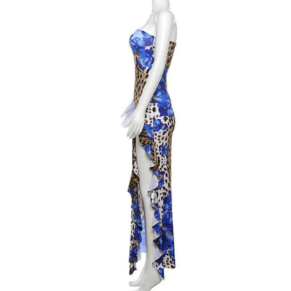 Leopard print contrast ruffle high slit tube maxi dress  | Festival Outfits Women
