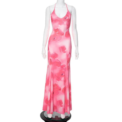 Halter rose print u neck backless self tie maxi dress  | Festival Outfits Women