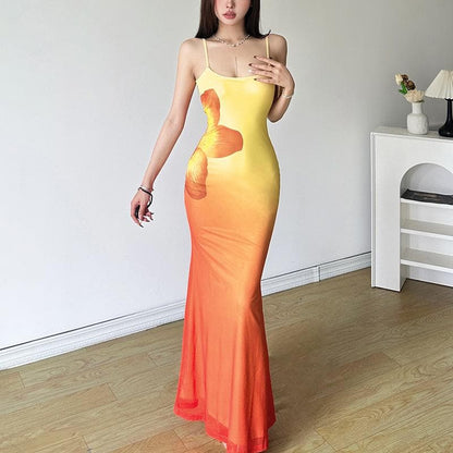 U neck gradient flower print cami maxi dress  | Festival Outfits Women