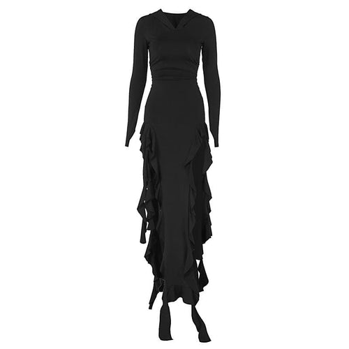 Long sleeve hoodie gloves ruffle maxi dress  | Festival Outfits Women