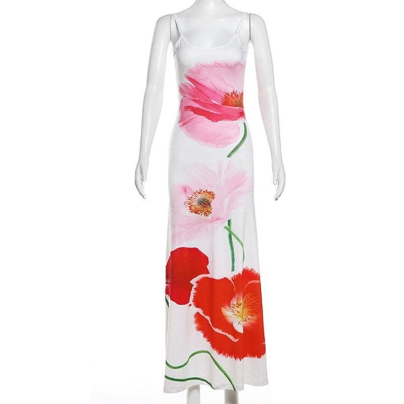 Flower print backless u neck cami maxi dress  | Festival Outfits Women