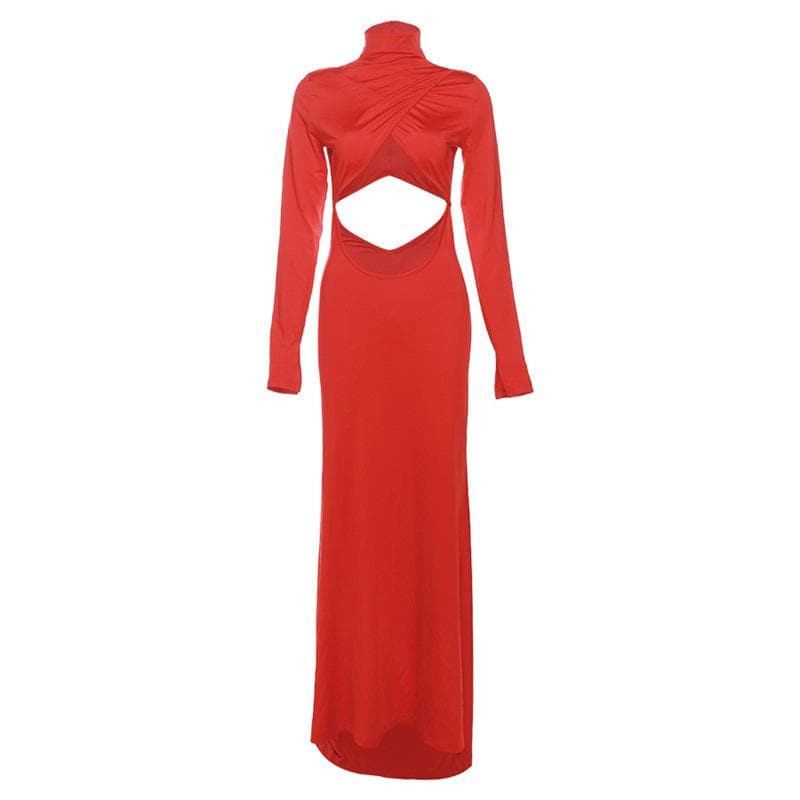 Hollow out solid long sleeve high neck zip-up cut out maxi dress  | Festival Outfits Women