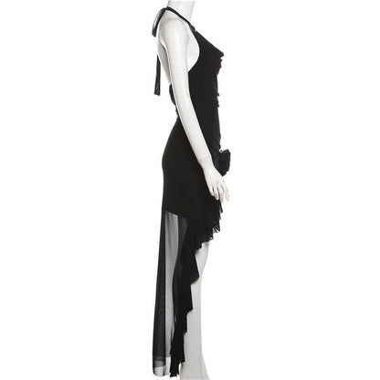 Halter cowl neck flower applique ruffle maxi dress  | Festival Outfits Women