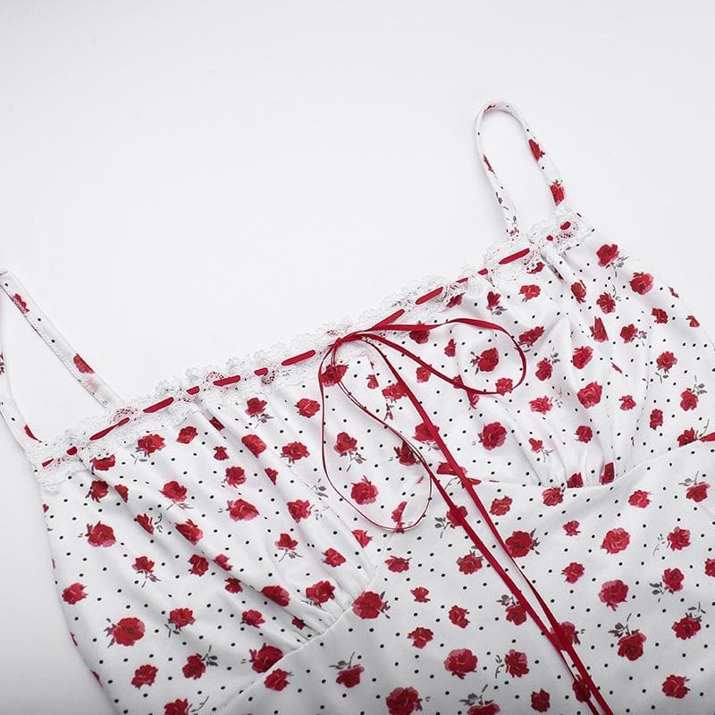 Bowknot ribbon stitch flower print polka dot cami maxi dress  | Festival Outfits Women