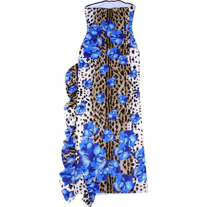 Leopard print contrast ruffle high slit tube maxi dress  | Festival Outfits Women