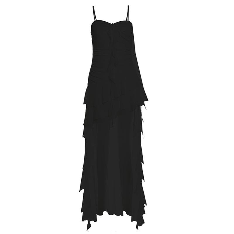 Ruched mesh ruffle sweetheart neck cami maxi dress  | Festival Outfits Women