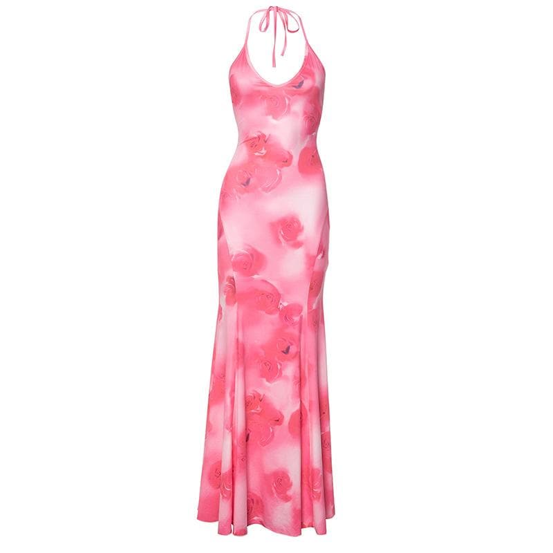 Halter rose print u neck backless self tie maxi dress  | Festival Outfits Women