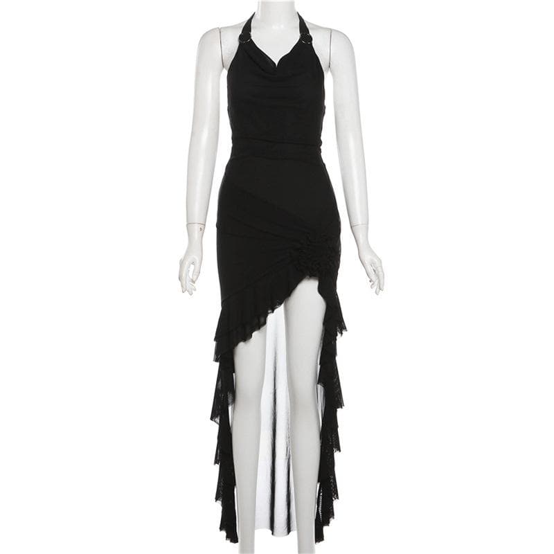 Halter cowl neck flower applique ruffle maxi dress  | Festival Outfits Women