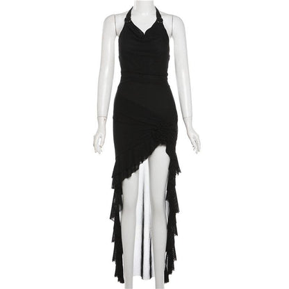 Halter cowl neck flower applique ruffle maxi dress  | Festival Outfits Women