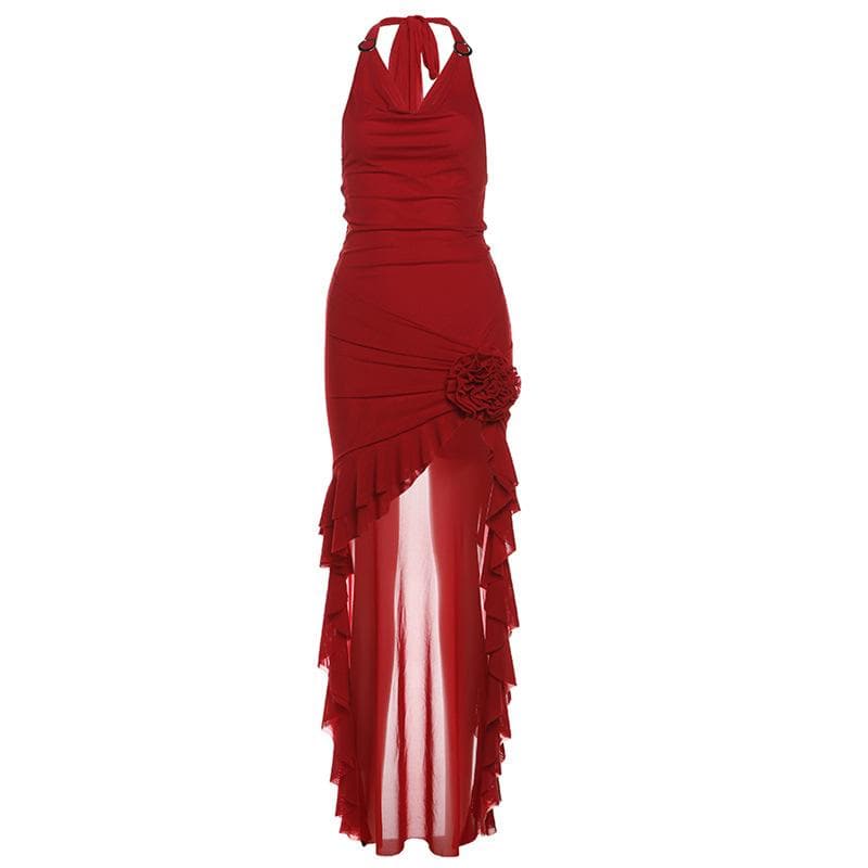 Halter cowl neck flower applique ruffle maxi dress  | Festival Outfits Women