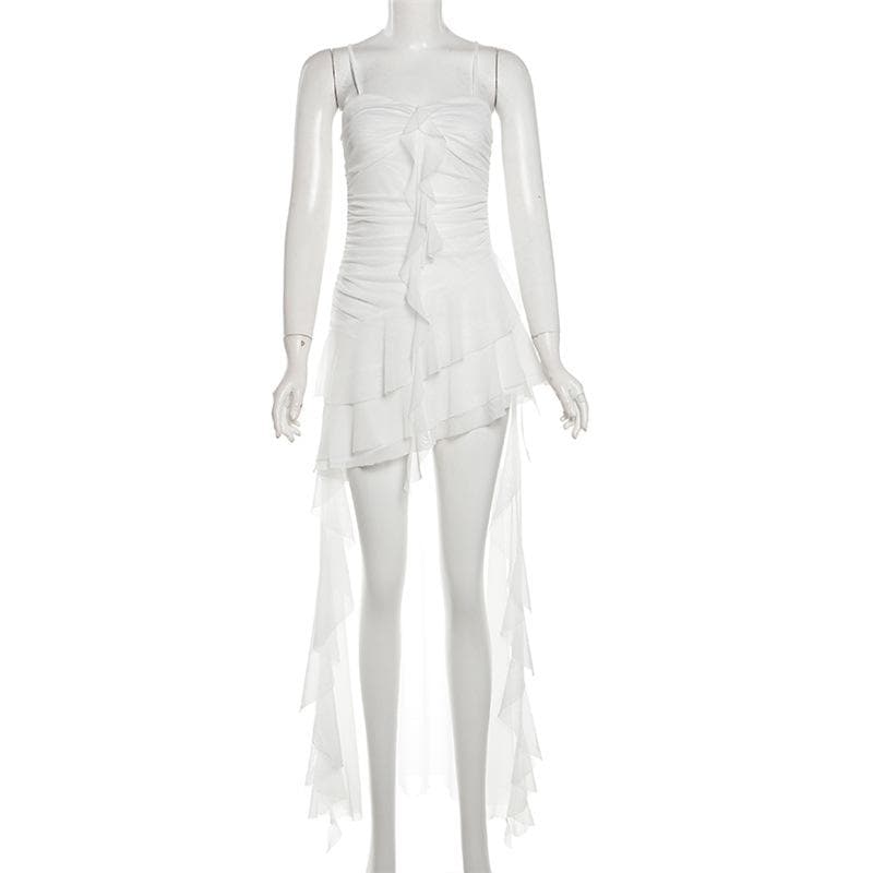 Ruched mesh ruffle sweetheart neck cami maxi dress  | Festival Outfits Women
