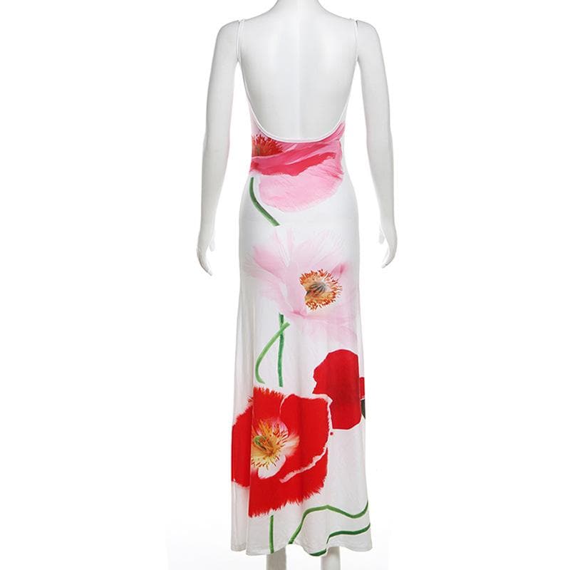 Flower print backless u neck cami maxi dress  | Festival Outfits Women