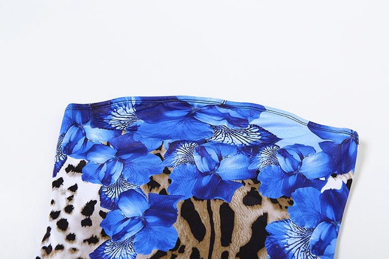 Leopard print contrast ruffle high slit tube maxi dress  | Festival Outfits Women