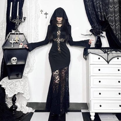 Long sleeve hoodie lace hem cross pattern maxi dress  | Festival Outfits Women