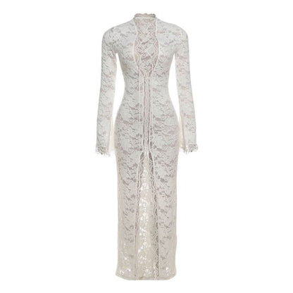Long sleeve lace cross front slit maxi dress  | Festival Outfits Women