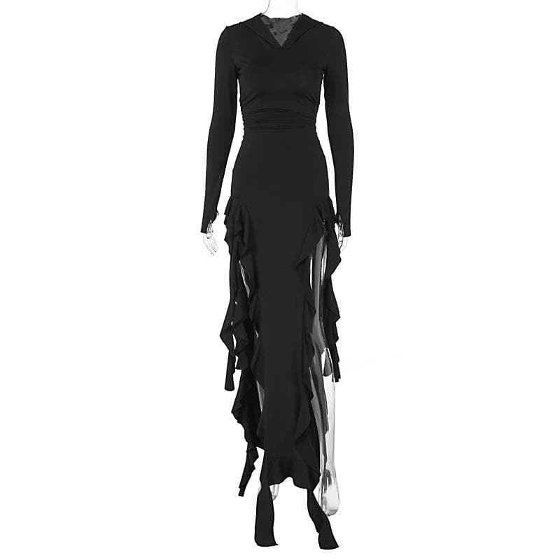 Long sleeve hoodie gloves ruffle maxi dress  | Festival Outfits Women