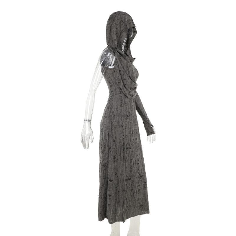 Hoodie ruched ruffle slit maxi dress  | Festival Outfits Women