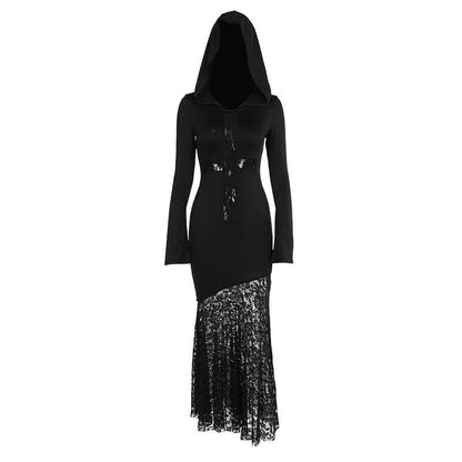 Long sleeve hoodie lace hem cross pattern maxi dress  | Festival Outfits Women