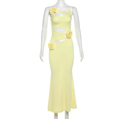 Hollow out rose applique solid cami cut out maxi dress  | Festival Outfits Women