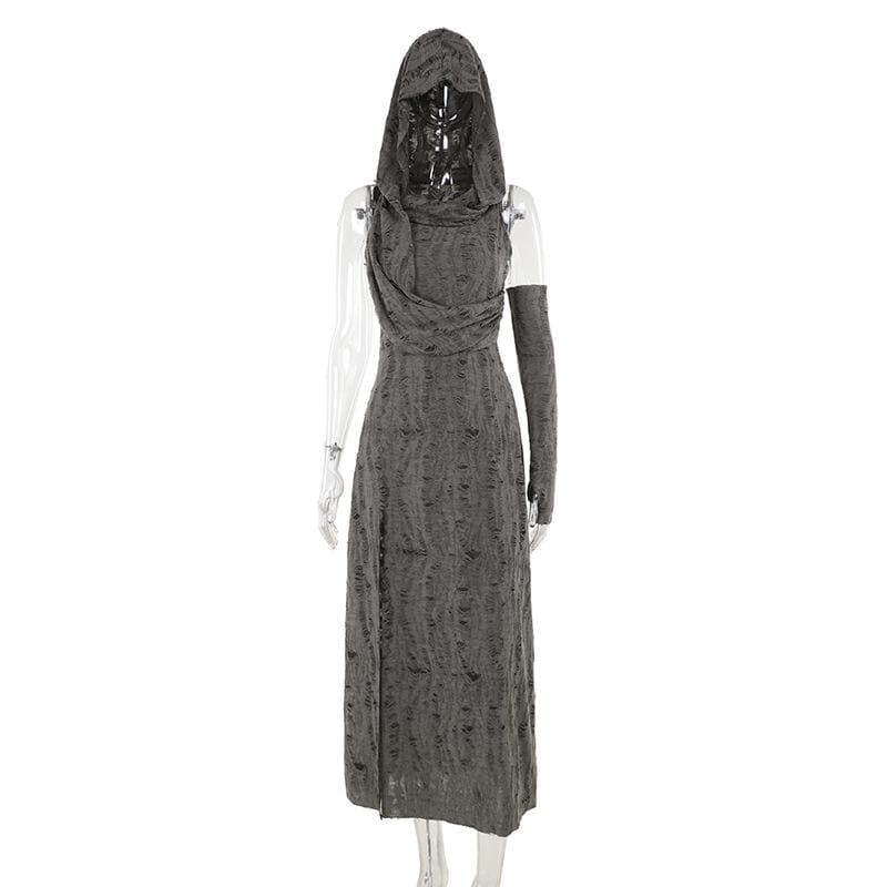 Hoodie ruched ruffle slit maxi dress  | Festival Outfits Women