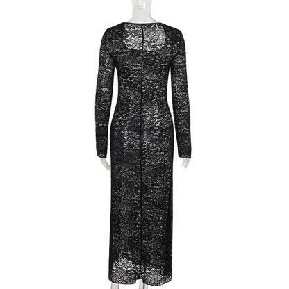 Long sleeve u neck lace slit maxi dress  | Festival Outfits Women