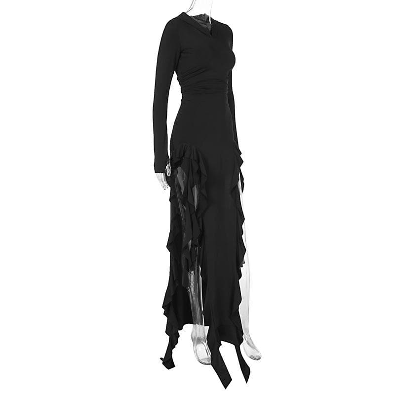 Long sleeve hoodie gloves ruffle maxi dress  | Festival Outfits Women
