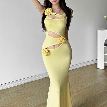 Hollow out rose applique solid cami cut out maxi dress  | Festival Outfits Women