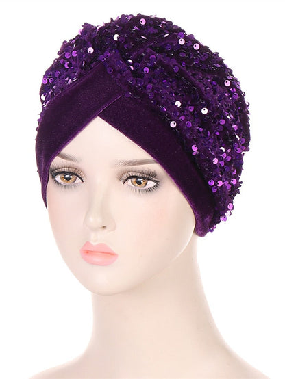 Velvet Sequins Turban Caps For Women Muslim Headscraf Bonnet Femme Musulman Islamic Head Wraps African Indian Hat Protective Hair Cover for Women