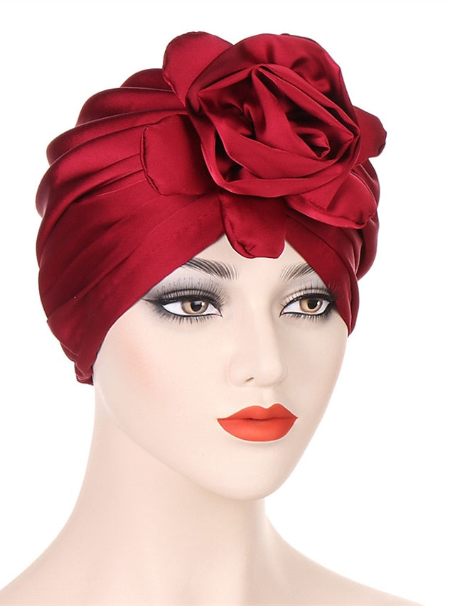 Big Flower Muslim Women Turban Satin Head Wrap Hijab Sleep Night Hat Hair Care Cap Indian Elastic Beanie Ladies Hair Loss Headwear for Women