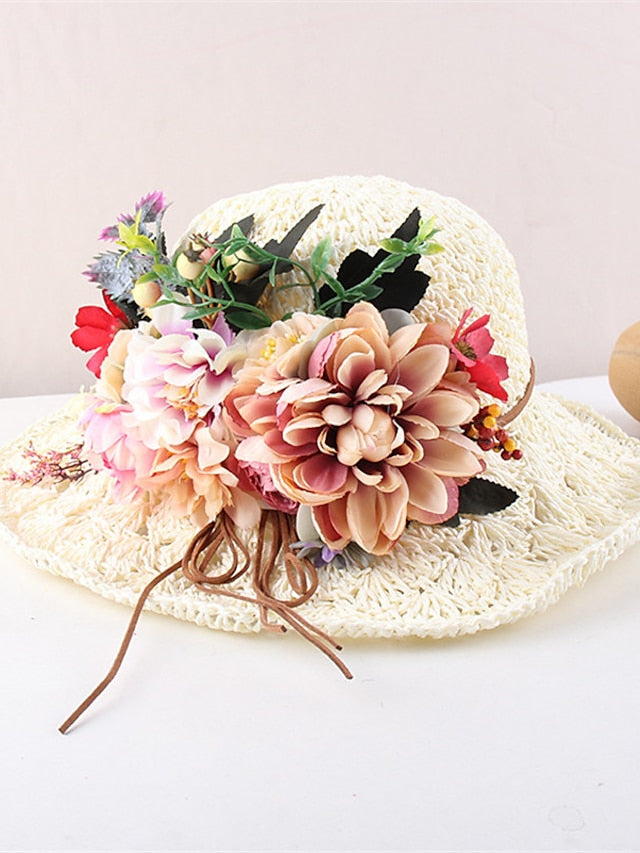 Hat Straw Hat Sun Hat Pink Khaki Navy Blue Party Outdoor Dailywear Floral Floral Portable Windproof Comfort for Women