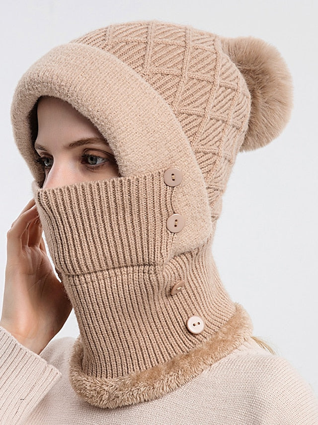 Winter Hats For Women Soft One-Piece Warm Mask Knitted Hat Thickened Lining Warm Beanies Female Cycling Cap for Women