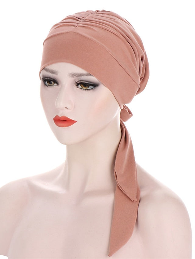 Muslim Women Stretch Solid Wrinkle Turban Hat Cancer Chemo Beanies Caps Pre-Tied Scarf Headwear Headwrap Simple Hair Accessories for Women