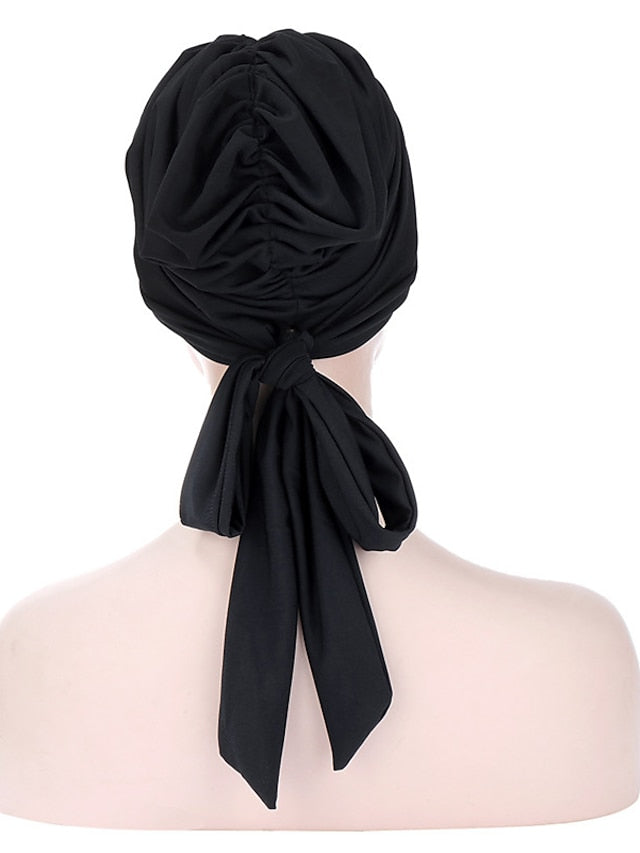 Muslim Women Stretch Solid Wrinkle Turban Hat Cancer Chemo Beanies Caps Pre-Tied Scarf Headwear Headwrap Simple Hair Accessories for Women