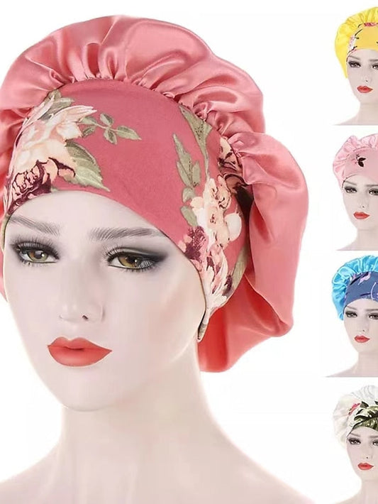 Women Satin Night Beauty Salon Sleep Cap Bonnet Hat Silk Headwrap Floral Print Wide Elastic Band Curly Springy Hair Chemo Cap Sleep Cap for Women