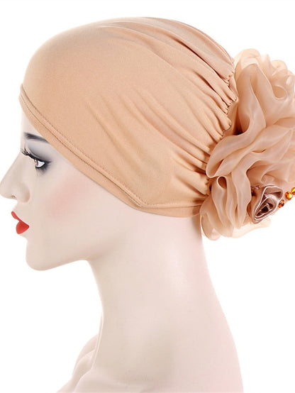 Women Solid Color Back Big Flower New Turban Muslim Hijab Caps Satin Flowers Arab Wrap Inner Hijabs Bonnet Hat Headdress for Women