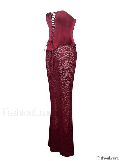Lucinda Burgundy Satin Charming Lace Corset Maxi Dress