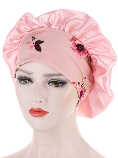 Women Satin Night Beauty Salon Sleep Cap Bonnet Hat Silk Headwrap Floral Print Wide Elastic Band Curly Springy Hair Chemo Cap Sleep Cap for Women