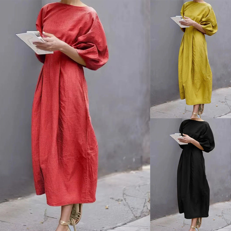 Women Casual Solid Color Loose Puff Sleeve Maxi Dress
