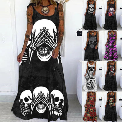 Halloween Women Fashion Casual Gothic Skull Head Floral Graphic Print Maxi Dress