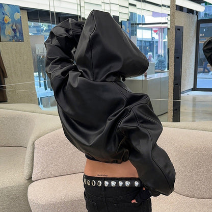 Women Fashion Casual Solid Color Pu Leather Long Sleeve Pleated Zipper Hat Jacket