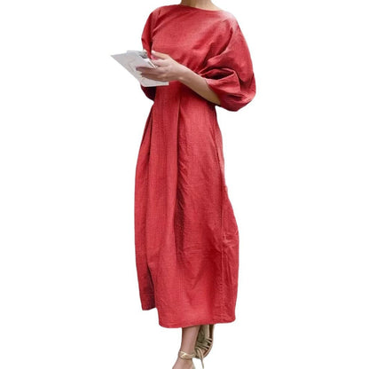 Women Casual Solid Color Loose Puff Sleeve Maxi Dress